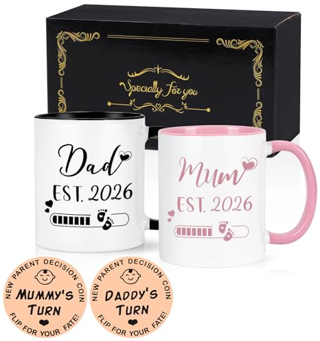 Joymaking New Parents Gifts Mug Set Dad and Mum Loading 2026 Gifts for New Parents with Decision Coin, Frist Time Mummy Daddy Gift for Mothers Day Birthday, 11 Oz Black and Pink