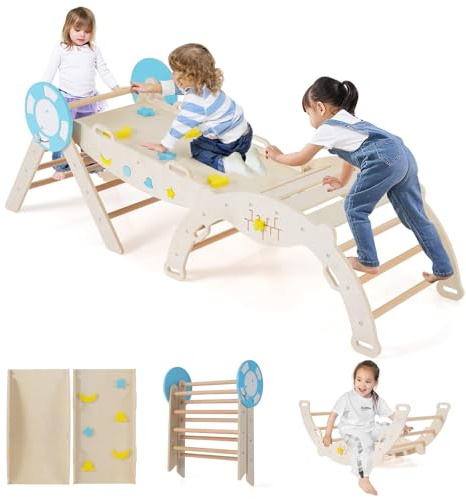 FANTASK 7 in 1 Klettergerüst Indoor, Kletterdreieck 3er Set mit Rutsche, Kletterbogen, inkl. doppelseitige Rampe & Baustein Set, Seefahrer Kletterdreieck Holz für Kinder ab 1 Jahr (Blau)