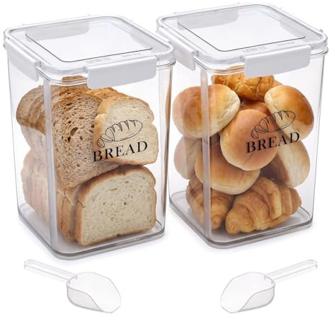 Punorric 2Pack Airtight Bread Bin, 5L Clear Tall Bread Box with Sealed Lid and Spoon, Plastic Stackable Food Storage Containers with Wide mouth, Kitchen Storage Bin for Homemade Toast Bagel, Bpa-Free