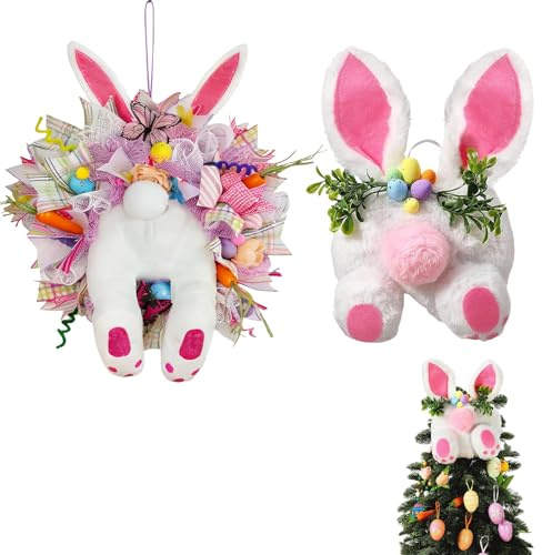Oster-Türkranz mit Hasen-Hintern Ohren, künstliche gemischte Blumen, Osterkranz, Osterkränze für Haustür, Frühling lustige Osterhasen-Dekorationen für Wand, Fenster, Veranda, Bauernhaus, Garten (B)
