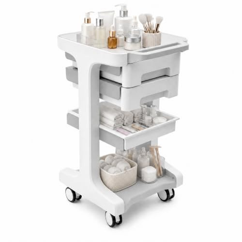 FENGLY Laborwagen Medizinwagen mit 2 Schubladen und 1 Ablage, Rollbarer Servierwagen aus ABS, 50kg belastbarer, Aufbewahrungswagen Friseurwagen Arbeitswagen Kosmetikwagen für Klinik,Salon,Labor, Grau