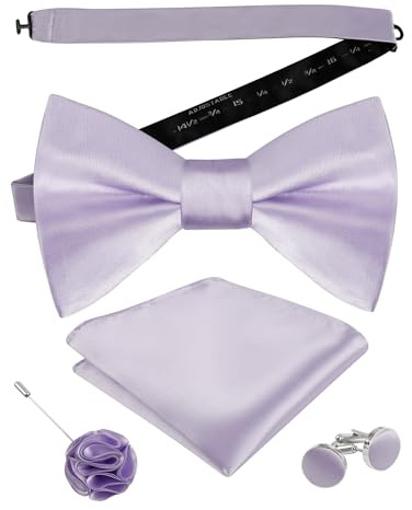 Alizeal Lot de 4 nœuds papillon pré-noués pour homme - Boutons de manchette carrés pré-noués et épinglettes - Pour mariage formel et affaires, 093-Lilas, taille unique