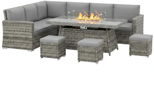 Outsunny 9 Seater Rattan Garden Furniture with Fire Pit Table Mixed Grey | 50000 BTU, Garden Corner Sofa Set, 3 Loveseats, 3 Footstools, 7 Piece Outdoor Furniture Conservatory Set, Cushions