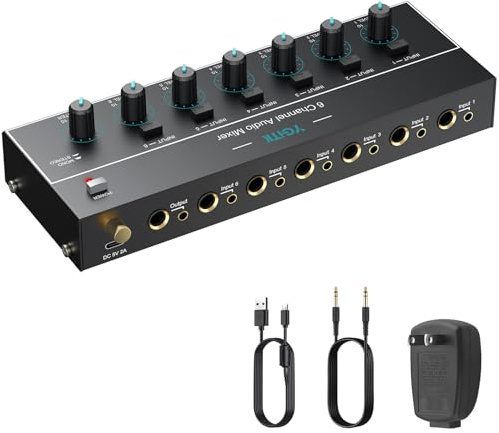YGiTK 6 Kanal Audio Mixer 6,35 mm+3,5 mm Mini-Audiomischer | 6 Eingänge & 1 Ausgang Stereo Audiomischer, Type-C Aufladen, Ultra Niedrig Noise, mit Lautstärkeregelung, für Bühne & Studio