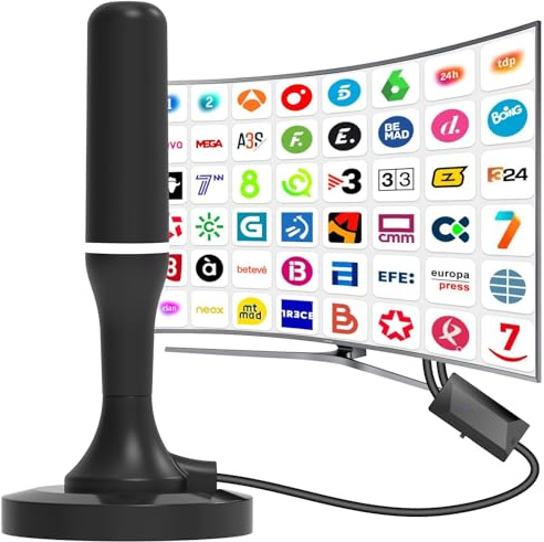 Antena TV Interior Potente, Antena TV Interior HD, Amplificador Ajustable, Recepción 360° de Largo Alcance, Base Magnética, Compatible 4K/1080p VHF/UHF DVB-T/T2