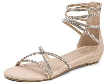 DREAM PAIRS Womens Flat Sandals Ankle Strap Rhinestones Low Wedge Sandals Weitz Nude Size 7 UK/9 US