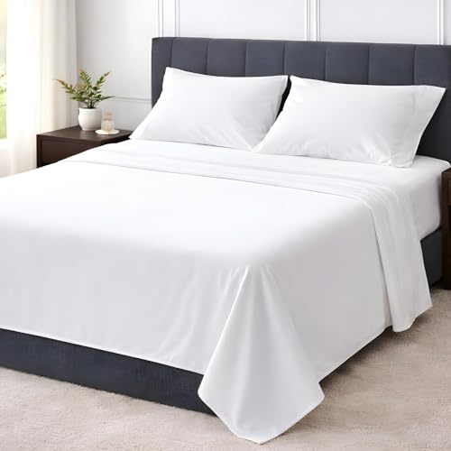 Shreem Linen Queen Size Cooling Bed Sheets Set - 4 Piece Ultra Soft Microfiber, Breathable & Hotel Luxury Bedding, Deep Pocket 8-16 Inch, Wrinkle Free (White)