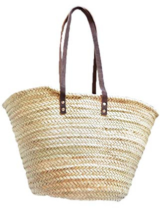 Desconocido Capazo de Palma básico, con asas larga de cuero curtido estilo rústico. Cesto o Bolso de mimbre para la playa, fibras naturales. (9V, aprox. 48x30 cm)
