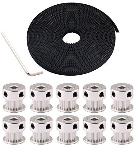 QitinDasen 5m GT2 Zahnriemen, 2mm Pitch 6mm Breite GT2 Riemen, mit 10Pcs 20 Zähne Aluminium Zahnriemenscheibe und 2mm Allen Wrench, für 3D-Drucker