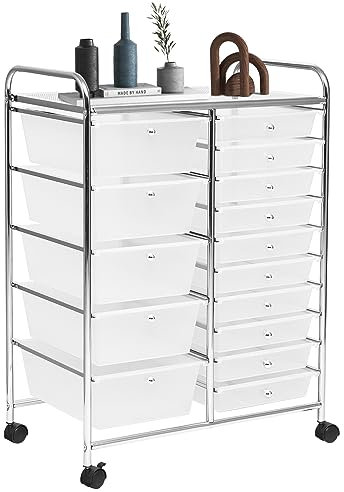 GIANTEX Rollwagen mit 15 Schubladen stapelbar, Schubladenwagen Badrollwagen Küchenwagen mit feststellbaren Rollen, Aufbewahrungswagen Haushaltswagen für Küche Bad Büro 63x37x87 cm (Transparent)