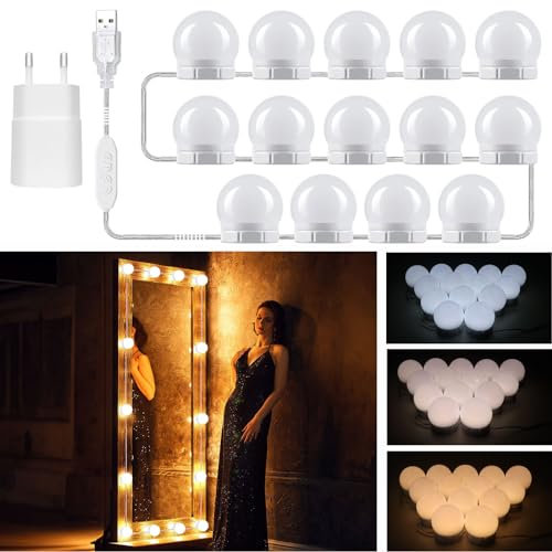 Akynite Lumière de Miroir Kit de 14 Ampoules avec Adaptateur, USB Câble Réglable, 3 Couleurs et 10 Intensités, Miroir LED Hollywood Dimmable, Lampe Coiffeuse Maquillage Make Up Eclairage Adhesif