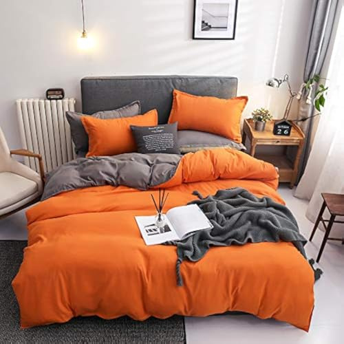Damier Bettwäsche 200×220cm Orange Grau Wendebettwäsche Set 3 Teilig Weiche Microfaser Bettbezug Doppelbett mit Reißverschluss und 2 Kopfkissenbezüge 80 × 80 cm