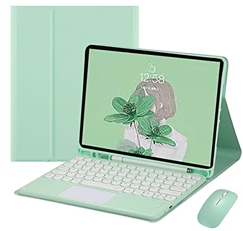 HENGHUI Keyboard Case Mouse for iPad 9th 8th 7th Generation 10.2 inch, Air 3rd Gen, Pro 10.5 inch with Cute Round Key Detachable Bluetooth TouchPad Color Keyboard (MintGreen)