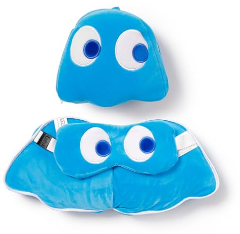 Puckator Relaxeazzz Pac-Man Blue Ghost Shaped Travel Pillow & Eye Mask - Sleep Eye Mask Masks - Kids Travel Accessories For Sleeping Airplane - Flight Plane Neck Pillow Pillows