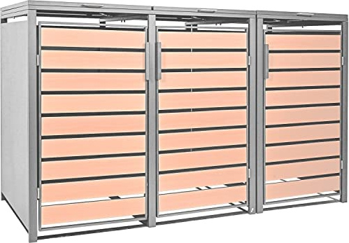 STILISTA Mülltonnenbox Metall 3x240L Silber Holzoptik Verkleidung 201x80cm | Pulverbeschichtetes Metall, Gasdruckfeder, Lüftungsschlitze, für 3 Tonnen je 240L, 201x80x116cm