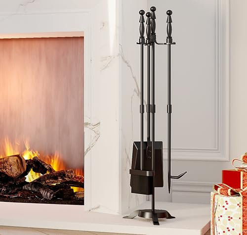Fire Beauty Juego de 4 herramientas para chimenea de hierro forjado negro para exteriores/interiores, incluye póquer, pala, cepillo y juego de accesorios de soporte