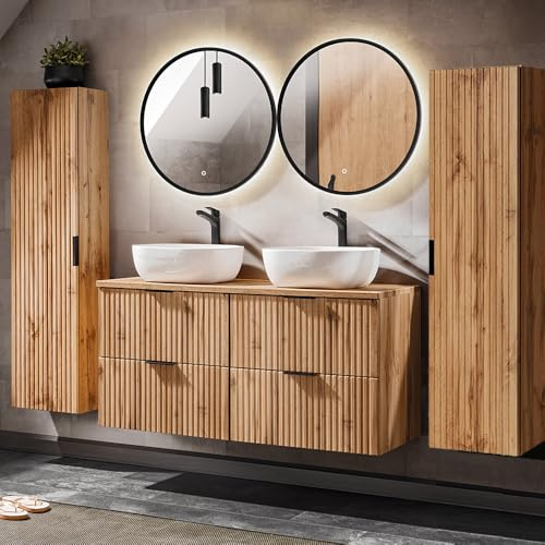 Lomadox Badmöbel Set, Wotaneiche Rillenoptik, 120cm Waschtisch mit Unterschrank, 2 Keramik Waschbecken 2 LED-Spiegel, Hochschrank, B/H/T 170/200/46,5 cm
