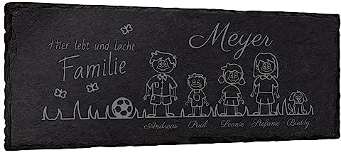 mtb more energy Graviertes Familienschild Türschild Namenschild Familie - frei wähl- und positionierbare Familienmitglieder, Haustiere, Dekoelemente - 25x10 cm - Laser Gravur auf Schiefer
