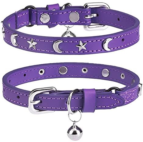 DILLYBUD Leather Cat Collars for Boy Girl Cats with Bell and Safety Elastic Belt, Personalized Star and Moon Stud Adjustable Safe Buckle Collar for Kitty Small Big Cats Size 7-9 Inch, Purple