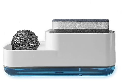 Pigosh - Dispensador jabón Cocina con Soporte de Esponja 2 en 1 - Dosificador jabón Cocina - Dispensador de jabón Bomba de una Mano - Jabonera Cocina Recargable - (Color Blanco)