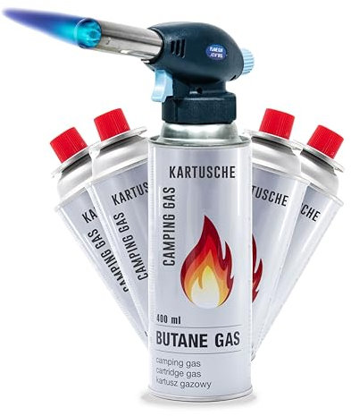 Gasbrenner mit Kartuschen Bunsenbrenner mit Piezozündung Lötbrenner für Hart und Weichlöten Lötlampe Schweißbrenner max. 1300°C Temperatur (Lötbrenner mit 4 Kartuschen)