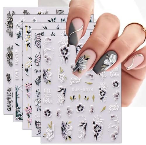JMEOWIO 6 Blatt 3D Nagelsticker Frühlings Blume Nail Art Sticker Selbstklebend Nagelaufkleber 5D Stereoskopisch Bunte Sommer Blumen Dekoration Nageldesign Zubehör