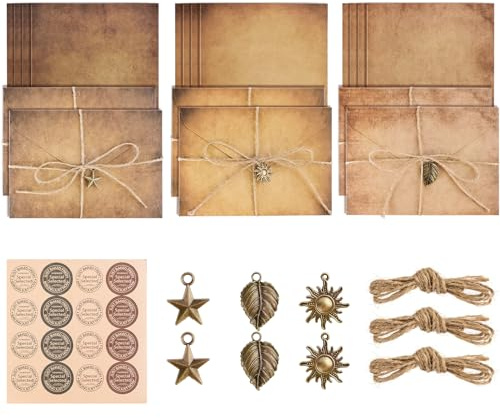 Tufa Kraft con Buste Vintage, Kit per Scrivere Lettere Antiche (6 Carta Kraft, 12 Carte da Lettera, 6 Accessori in Metallo, 6 Corda Canapa)