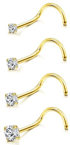 AORHOFJ 4PCS Gefüllte Nasenpiercing 20G Nasenpiercing Stecker Chirurgenstahl 1.5-3MM Runder Zirkonia Gerade L Spirale Form Nasenstecker Set Piercing Nase Gold Nostril Piercing Schmuck