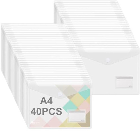 Agoer kardborrestängning dokumentväska A4, 40 stycken dokumentmapp A4 transparent DIN A4-mapp med etikettpapper för att organisera dokument, A4-väska för skola, hem, kontor