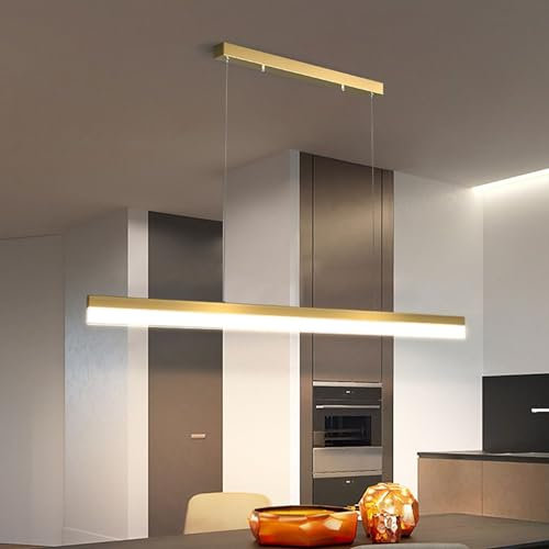 Bellastein Dimmbare LED Pendelleuchte, Moderne Hängelampe schwarz, Linear design Hängeleuchte mit Fernbedienung, für Bürolampe Esstischlampe Esszimmer Küche Konferenzsaal Leuchte (Gold, L80cm)