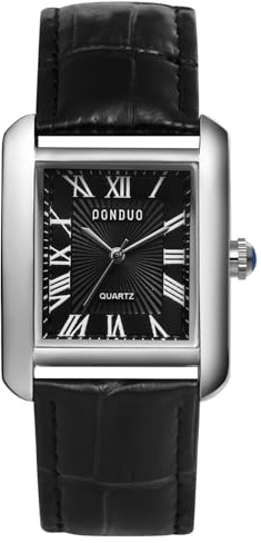 JewelryWe Par de Relojes Vintage para Parejas de Amistad de Piel, Reloj analógico de Cuarzo, Reloj clásico Rectangular Casual con números Romanos, Regalo para Hombre y Mujer, Tipo1-negro/negro Reloj