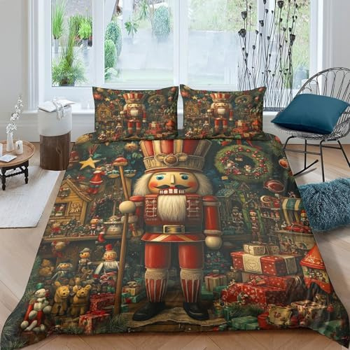 RIAVBAODG Cascanueces Impresas En 3D Cascanueces de Madera Juego De Sábanas Y Fundas Nórdicas 3 Piezas,Microfibra Suave,Cremallera Oculta,para Niños, Adolescentes,Adultos King（220x240cm）