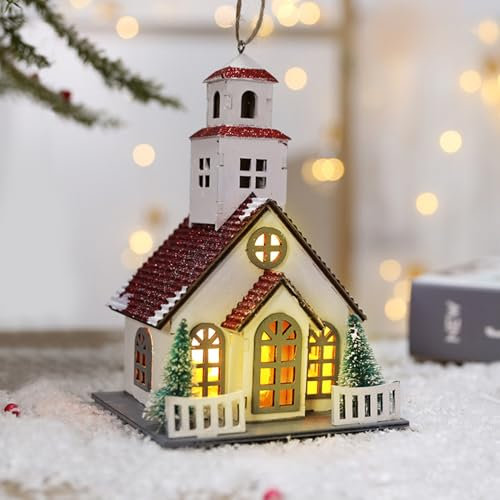 Weihnachtsdorf mit Beleuchtung, Weihnachtsdeko Holz Weihnachtsdorf Deko Häuser mit LED Licht, Hängend Weihnachtshäuser Deko Holzhaus Winterhaus Beleuchtet Weihnachtshaus für Weihnachten Deko (D)