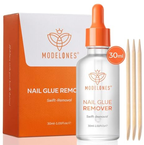 Modelones 30ml Nail Glue Remover for Press On Nails, Upgrade Clear Stick On Nails Remover for Acrylic Tips, Nail Polish Remover with Wood Stick