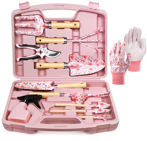 Grenebo 12-Piece Womens Gardening Tools Gift Set, Rust-Proof & Heavy-Duty Garden Tools with Durable Carrying Case, Fashionable & Thoughtful Gardening Gifts for Women&Men (Pink)