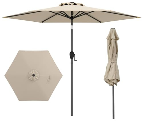 COSTWAY Sombrilla Terraza Exterior 230 cm, Sombrilla Jardin Exterior Resistente con Sistema de Inclinación con Botón, Manivela, Techo Ventilado, Parasol Jardin para Patio (Sin luces,Beige)