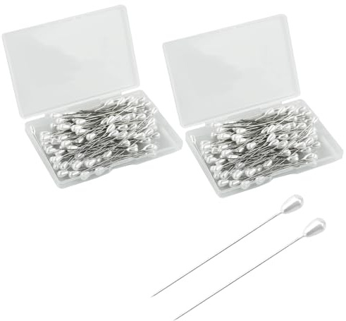 200 st Boutonniere-stift, tårformade pärlsystift, bröstbukett stift med låda, 5 cm bukettstift, vit lång rak korsett fixeringspis, för sömnad, hantverk, bröllopsbuketter, gör-det-själv