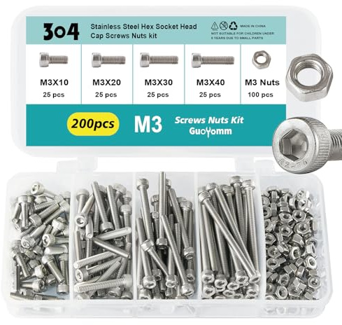 GuoYomm 200 pezzi, set di viti a esagono interno M3 con dadi in acciaio inox 304, set di bulloni meccanici completamente filettati in scatola combinata, lunghezze: 10 mm 20 mm 30 mm 40 mm