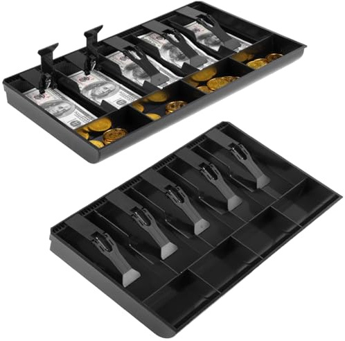 2 PCS Cash Register Drawer Insert Trays, 5 Bill & 4 Coin Compartments, Black Plastic Money Storage Case, Spring Clip Money Organizer for Banks Supermarkets Stores