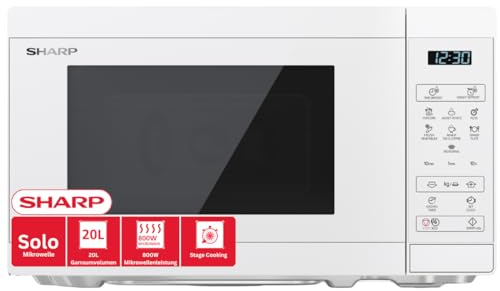 Sharp Microonde YC-MS02E-C 20L, bianco cristallo, 800 W, controllo digitale, 11 livelli di potenza, 8 programmi, funzione scongelamento, modalità ECO, sicurezza bambini