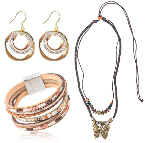 LjFrexia Boho Schmuck Set für Damen, 3Pcs Indianer Schmuck Set, Vintage Schmetterling Anhänger Holzperlen Halskette, Khaki Bohemia Wickelarmbänder Leder und Western Stil Ohrringe für Hippie-Boho Looks