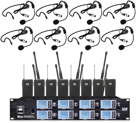 8 Channel Wireless Microphone System Pro UHF 8 Channel 8 Bodypacks 8 Headsets for School Drama Theatre Stage Performance, Black Headworn Mics