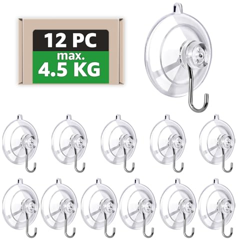 GeeMiLo Saugnapf mit Haken, Saughaken - [max. 4.5kg] [Ø 45 mm] [12 Stück], Hochwertige Saugnäpfe, Suction Cup Hooks für Camping | Badezimmer | Küche | Auto | Fenster, Wandhaken | Weihnachtsdeko