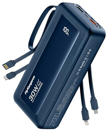 Batterie Externe, 30W 27000mAh Power Bank Charge Rapide avec Câbles Intégrés, Batterie Portable USB C Input & Output PD & QC4.0 PowerBank Compatible avec iPhone 15 14 13 Pro Max Mini Plus iPad