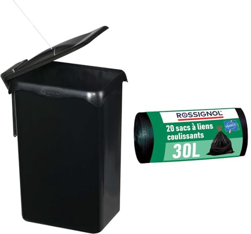 ROSSIGNOL Poubelle intérieure de meuble cuisine 23L. Fabrication française, Ouverture automatique avec la porte du placard, installation facile PORTASAC (Noir, 23L + 1 rouleau de sacs)