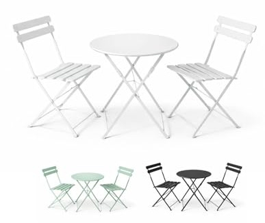 Set Bistró Plegable Arles Metalico | Mesa y 2 Sillas de Exterior e Interior Resistente | Muebles de Jardin, Balcón y Terraza