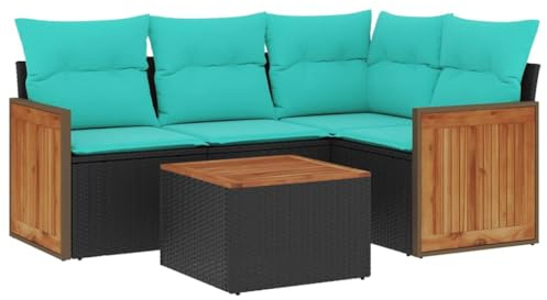 Qnhdfrt 5-teiliges Gartensofa-Set, Polyrattan Lounge-Set für Terrasse und Garten, modulare Sitzgruppe mit Kissen und Gartentisch aus Akazienholz, Schwarz