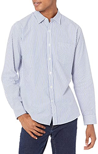 Amazon Essentials Chemise en Popeline à Manches Longues, Style Décontracté, Coupe Standard Homme, Bleu Blanc Rayures Verticales, L