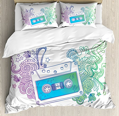 Ambesonne Hipster Duvet Cover Set, Audio Cassette Tape with Line Art Floral Musical Old Fashion Melody Print, Decorative 3 Piece Bedding Set with 2 Pillow Shams, Queen Size, Blue Mint Purple