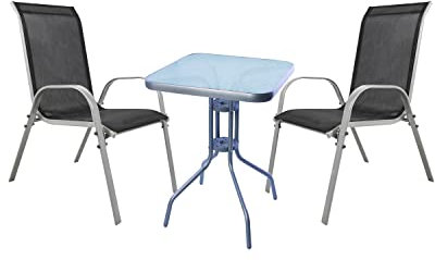 Mojawo® Bistrogarnitur 3-teilig Bistrotisch Glas/Metall Rund 60 x 60cm H70cm Silbergrau + 2 Stapelstühle Metall/Textilien